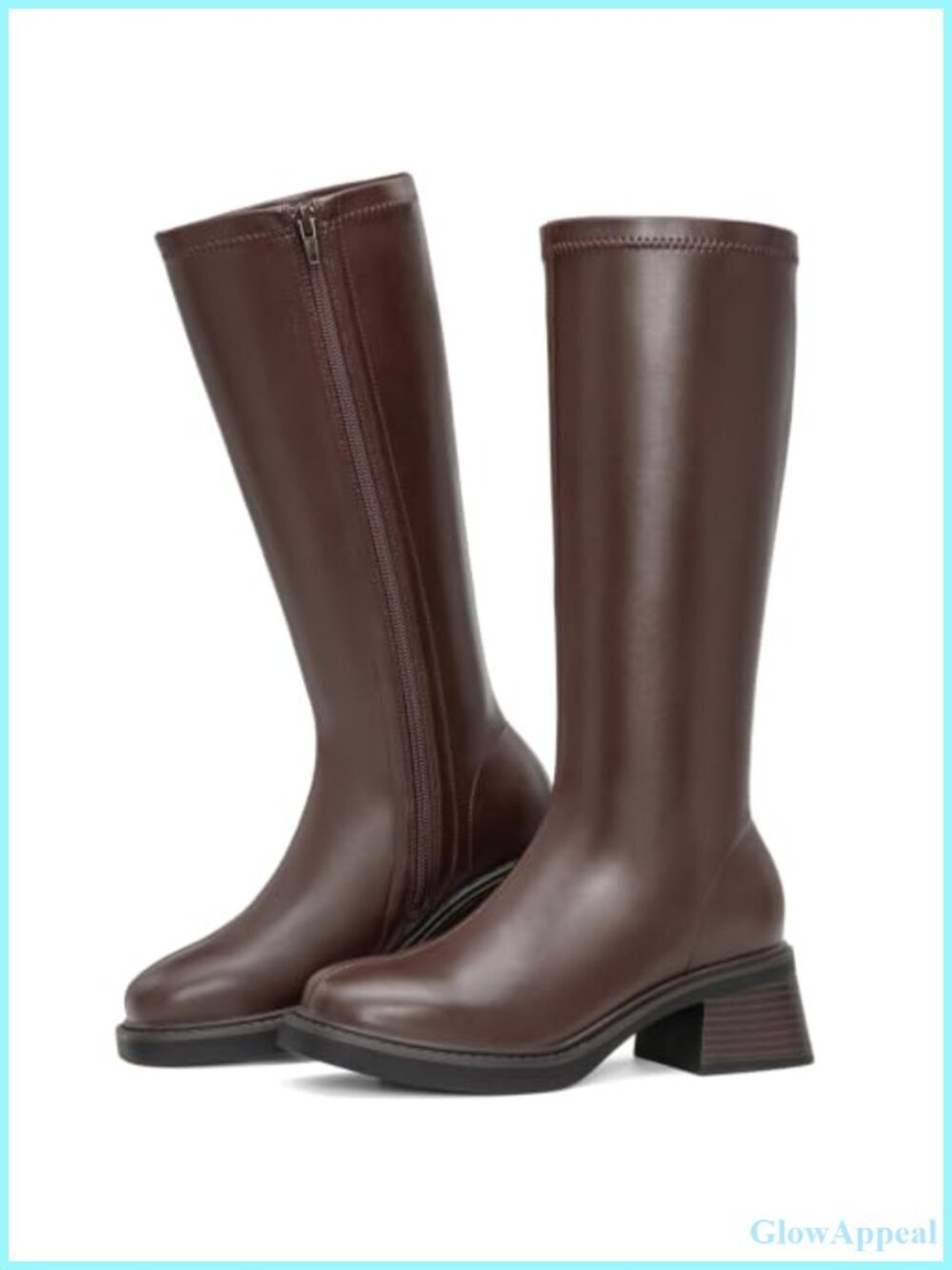 Square Toe Block Heel Knee High Boots Faux Leather Zip Riding Boots